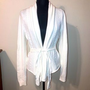 BCBGMAXAZRIA White Knit Open Front Self Tie Cardigan Medium